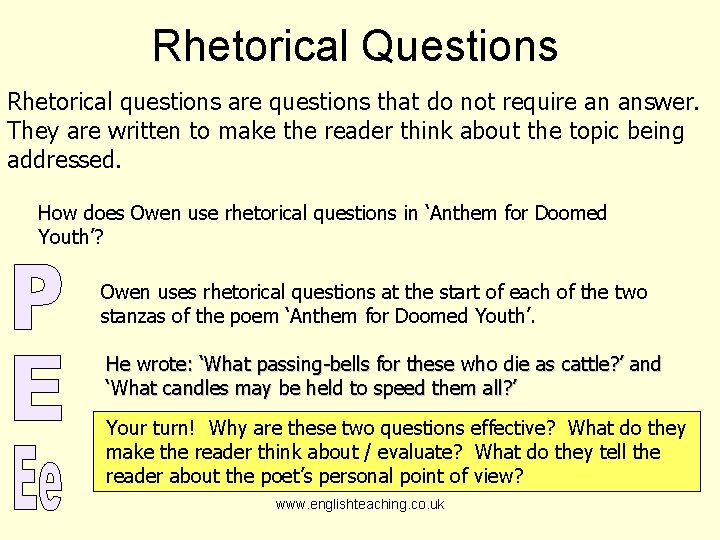 Rhetorical Questions Rhetorical questions are questions that do not require an answer. They are