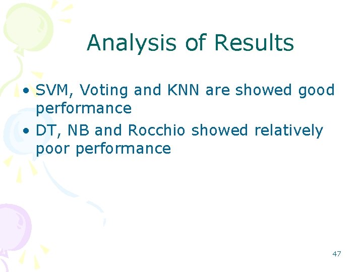 Analysis of Results • SVM, Voting and KNN are showed good performance • DT,