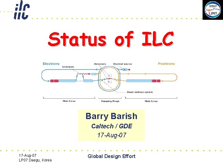 Status of ILC Barry Barish Caltech / GDE 17 -Aug-07 LP 07 Daegu, Korea