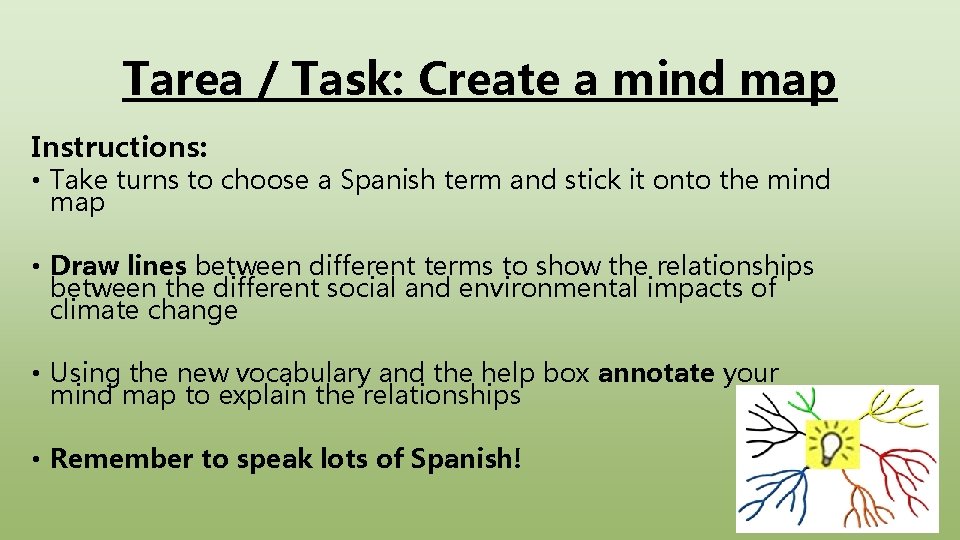 Tarea / Task: Create a mind map Instructions: • Take turns to choose a