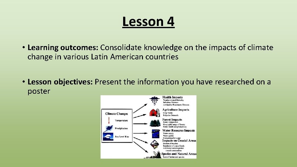 Lesson 4 • Learning outcomes: Consolidate knowledge on the impacts of climate change in