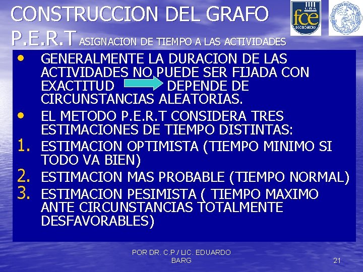 CONSTRUCCION DEL GRAFO P. E. R. T ASIGNACION DE TIEMPO A LAS ACTIVIDADES •