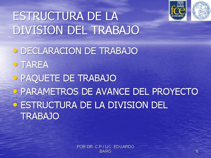 ESTRUCTURA DE LA DIVISION DEL TRABAJO • DECLARACION DE TRABAJO • TAREA • PAQUETE