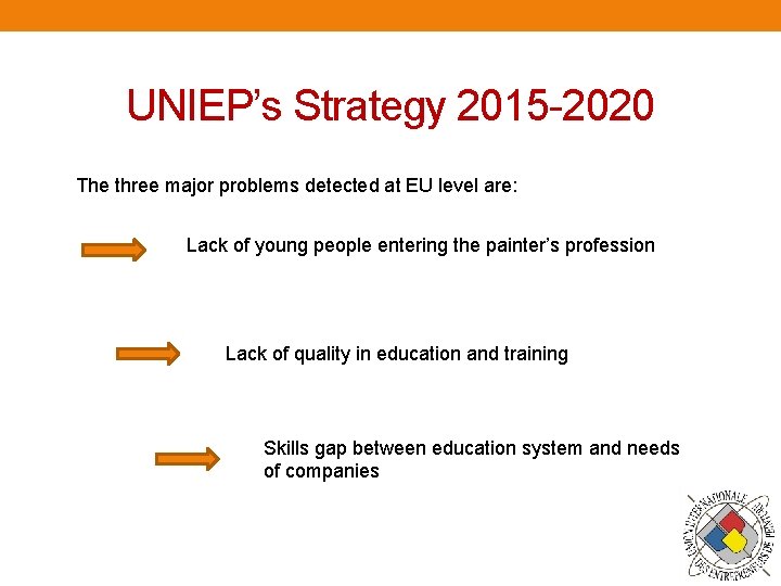 UNIEP’s Strategy 2015 -2020 The three major problems detected at EU level are: Lack