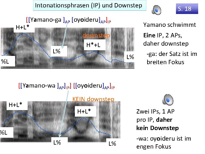 Intonationsphrasen (IP) und Downstep [[Yamano-ga ]AP [oyoideru]AP]IP H+L* downstep H*+L L% %L S. 18