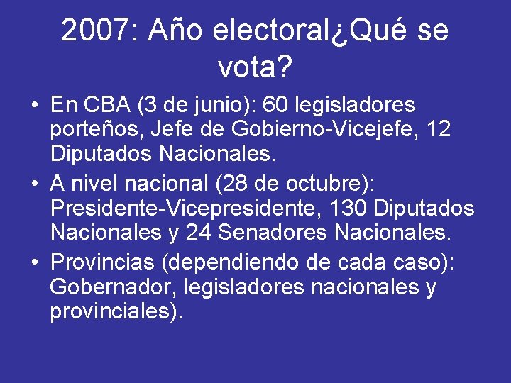 2007: Año electoral¿Qué se vota? • En CBA (3 de junio): 60 legisladores porteños,