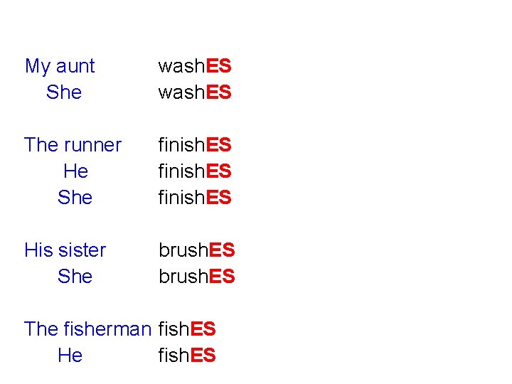 My aunt She wash. ES The runner He She finish. ES His sister She