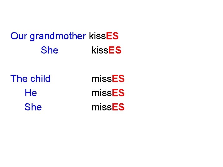 Our grandmother kiss. ES She kiss. ES The child He She miss. ES 