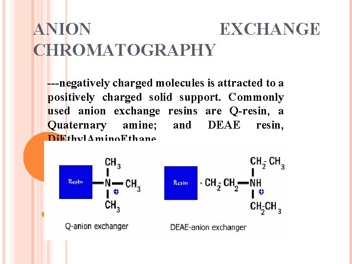 ANION EXCHANGE CHROMATOGRAPHY ---negatively charged molecules is attracted to a positively charged solid support.