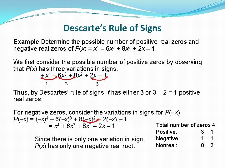 Descarte’s Rule of Signs Example Determine the possible number of positive real zeros and