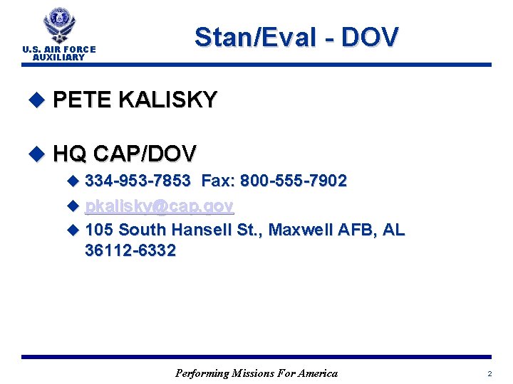 Stan/Eval - DOV U. S. AIR FORCE AUXILIARY u PETE KALISKY u HQ CAP/DOV