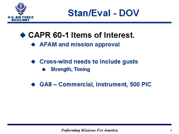 U. S. AIR FORCE AUXILIARY Stan/Eval - DOV u CAPR 60 -1 Items of