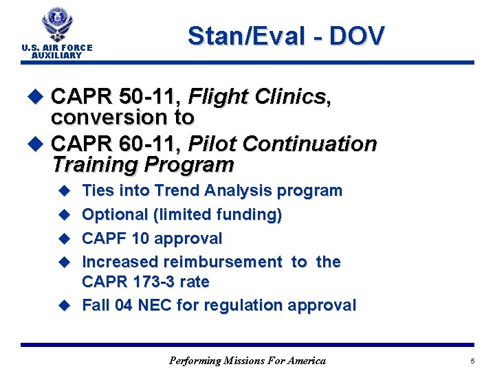 U. S. AIR FORCE AUXILIARY Stan/Eval - DOV u CAPR 50 -11, Flight Clinics,