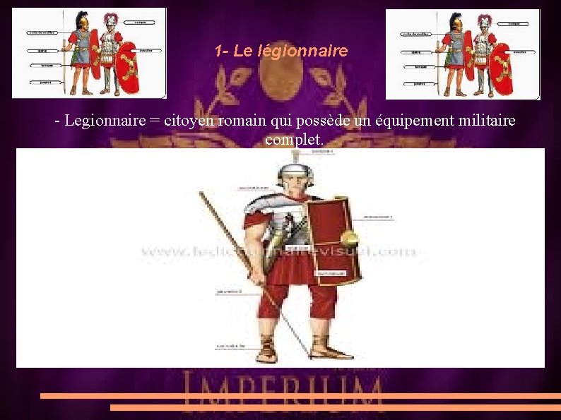 1 - Le légionnaire - Legionnaire = citoyen romain qui possède un équipement militaire