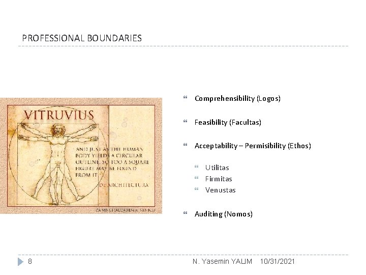 PROFESSIONAL BOUNDARIES Comprehensibility (Logos) Feasibility (Facultas) Acceptability – Permisibility (Ethos) 8 Utilitas Firmitas Venustas