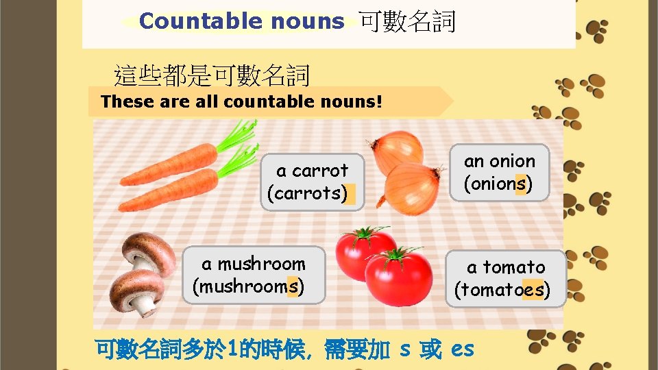 Countable nouns 可數名詞 這些都是可數名詞 These are all countable nouns! a carrot (carrots) a mushroom