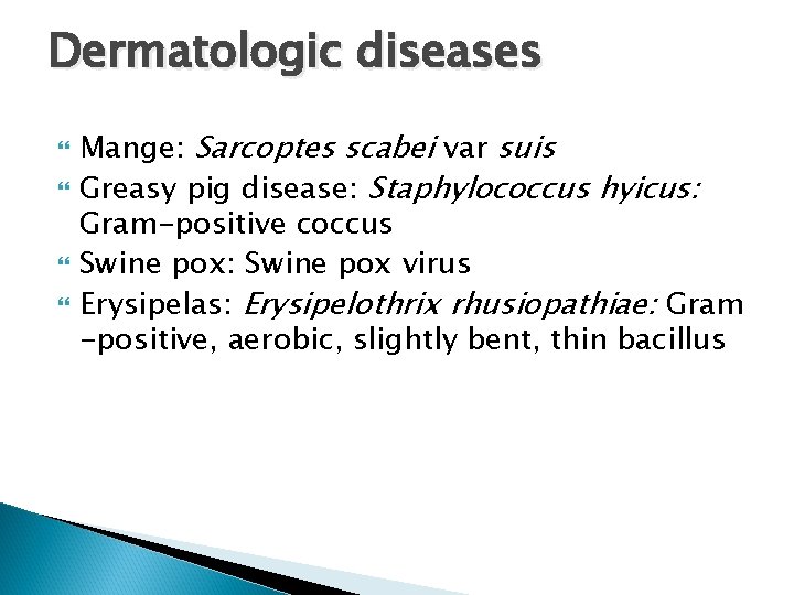 Dermatologic diseases Mange: Sarcoptes scabei var suis Greasy pig disease: Staphylococcus hyicus: Gram-positive coccus