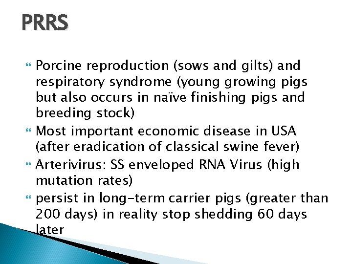 PRRS Porcine reproduction (sows and gilts) and respiratory syndrome (young growing pigs but also