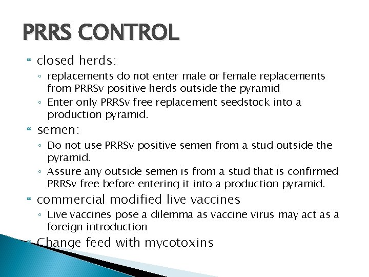 PRRS CONTROL closed herds: ◦ replacements do not enter male or female replacements from