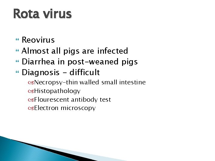 Rota virus Reovirus Almost all pigs are infected Diarrhea in post-weaned pigs Diagnosis -