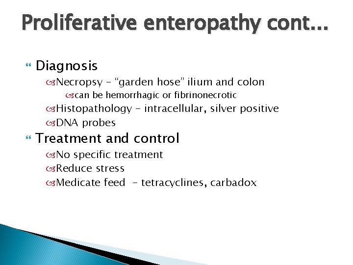 Proliferative enteropathy cont. . . Diagnosis Necropsy - “garden hose” ilium and colon can