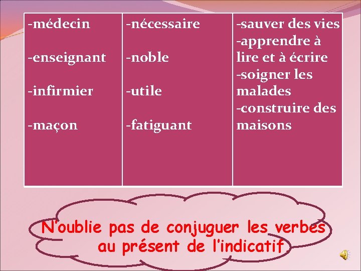 -médecin -nécessaire -enseignant -noble -infirmier -utile -maçon -fatiguant -sauver des vies -apprendre à lire