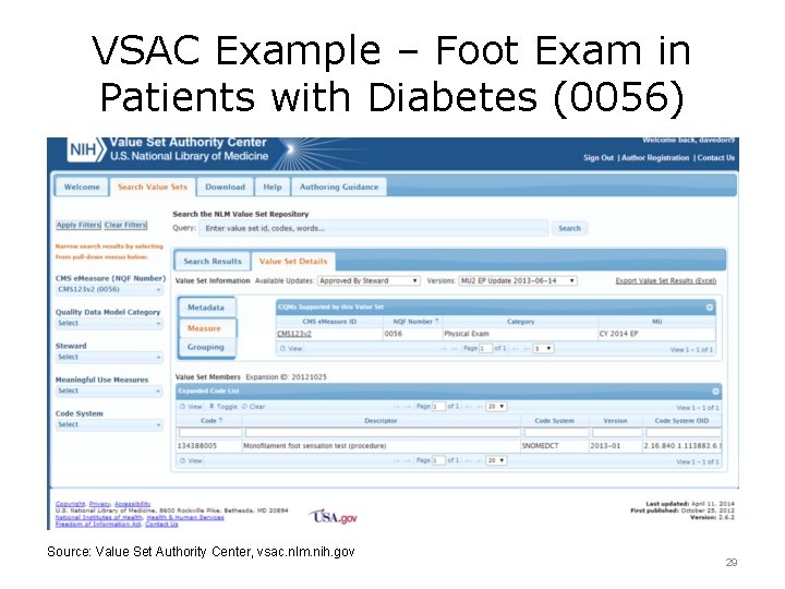 VSAC Example – Foot Exam in Patients with Diabetes (0056) Source: Value Set Authority