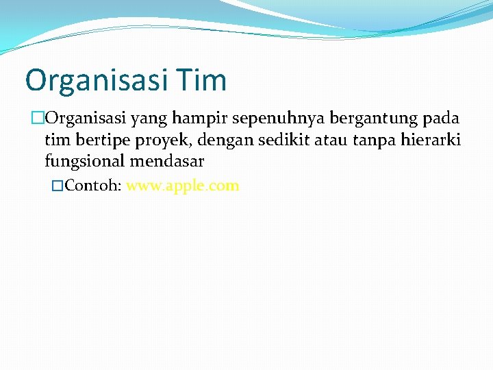 Organisasi Tim �Organisasi yang hampir sepenuhnya bergantung pada tim bertipe proyek, dengan sedikit atau