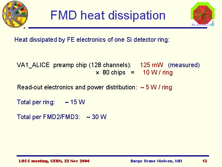 FMD heat dissipation Heat dissipated by FE electronics of one Si detector ring: VA