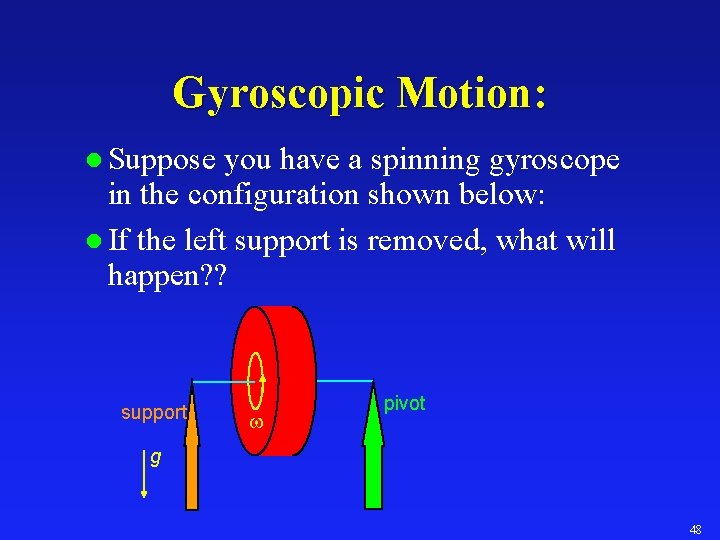 Gyroscopic Motion: l Suppose you have a spinning gyroscope in the configuration shown below: