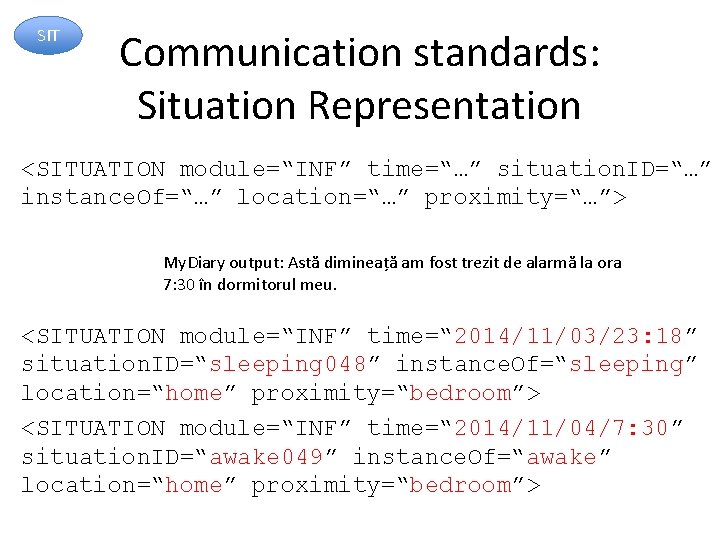 SIT Communication standards: Situation Representation <SITUATION module=“INF” time=“…” situation. ID=“…” instance. Of=“…” location=“…” proximity=“…”>