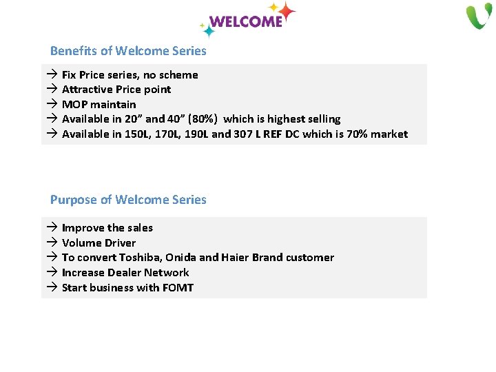 Benefits of Welcome Series Fix Price series, no scheme Attractive Price point MOP maintain