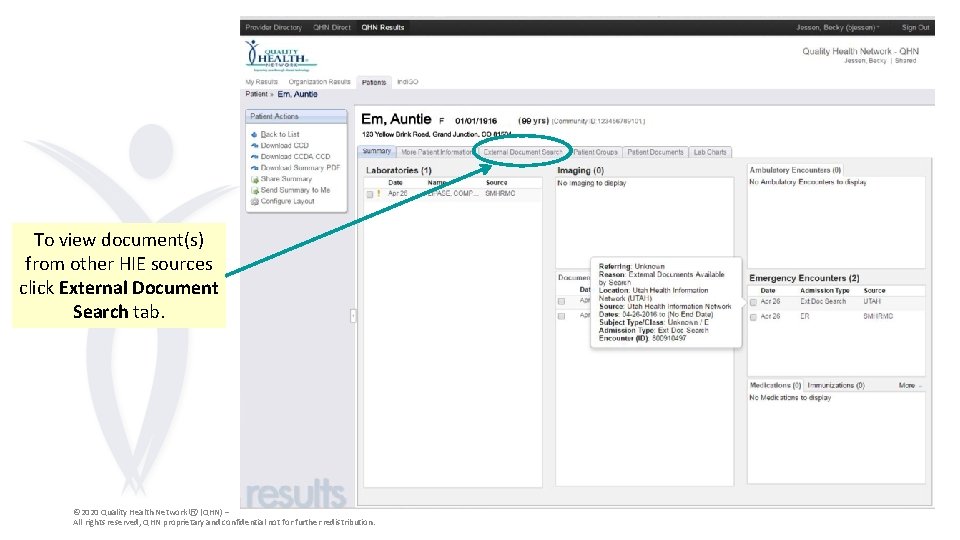 To view document(s) from other HIE sources click External Document Search tab. © 2020