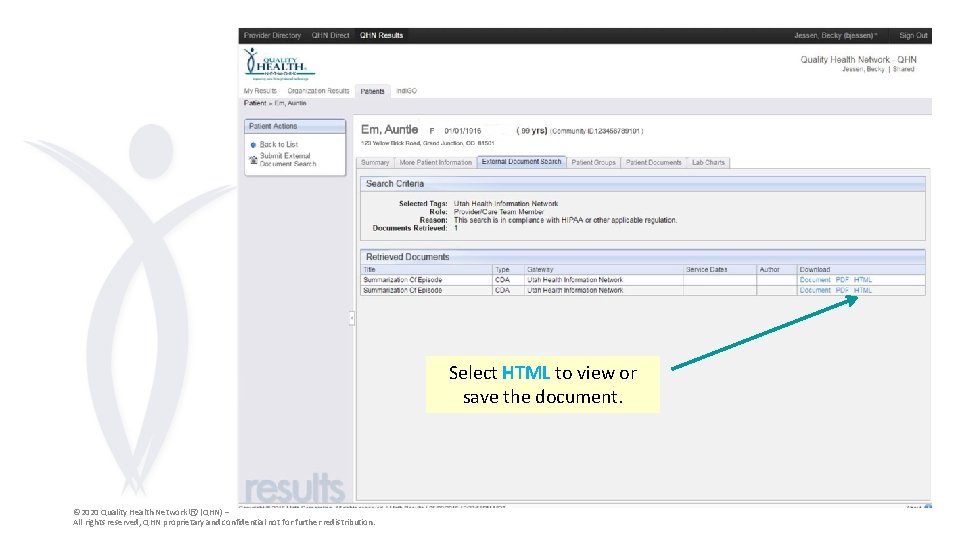 Select HTML to view or save the document. © 2020 Quality Health Network Ⓡ