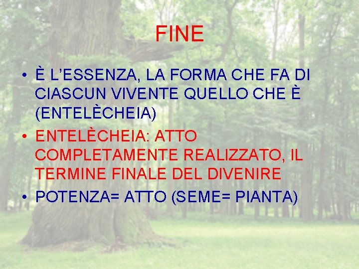 FINE • È L’ESSENZA, LA FORMA CHE FA DI CIASCUN VIVENTE QUELLO CHE È