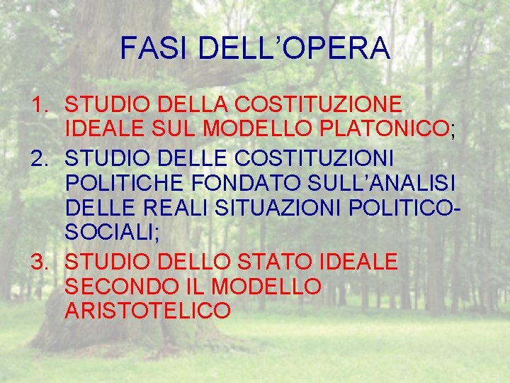 FASI DELL’OPERA 1. STUDIO DELLA COSTITUZIONE IDEALE SUL MODELLO PLATONICO; 2. STUDIO DELLE COSTITUZIONI