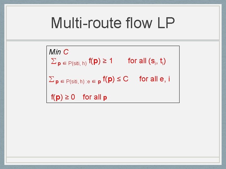 Multi-route flow LP Min C p ∈ P(siti, h) f(p) ≥ 1 for all