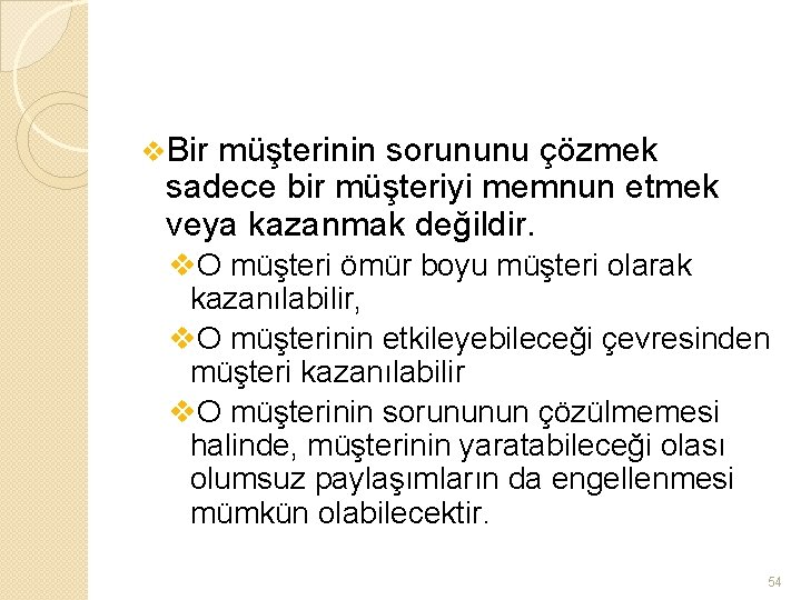 v. Bir müşterinin sorununu çözmek sadece bir müşteriyi memnun etmek veya kazanmak değildir. v.