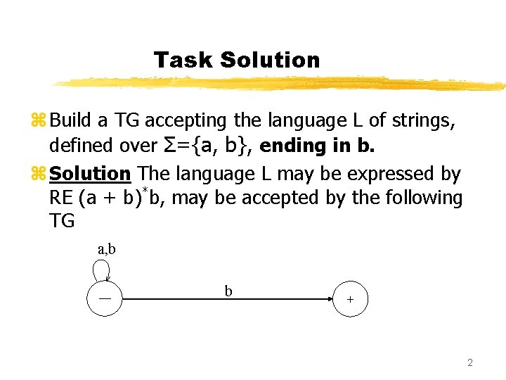 Task Solution z Build a TG accepting the language L of strings, defined over
