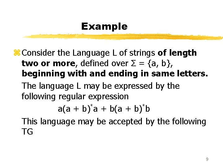 Example z Consider the Language L of strings of length two or more, defined