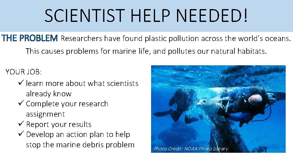 SCIENTIST HELP NEEDED! THE PROBLEM Researchers have found plastic pollution across the world’s oceans.