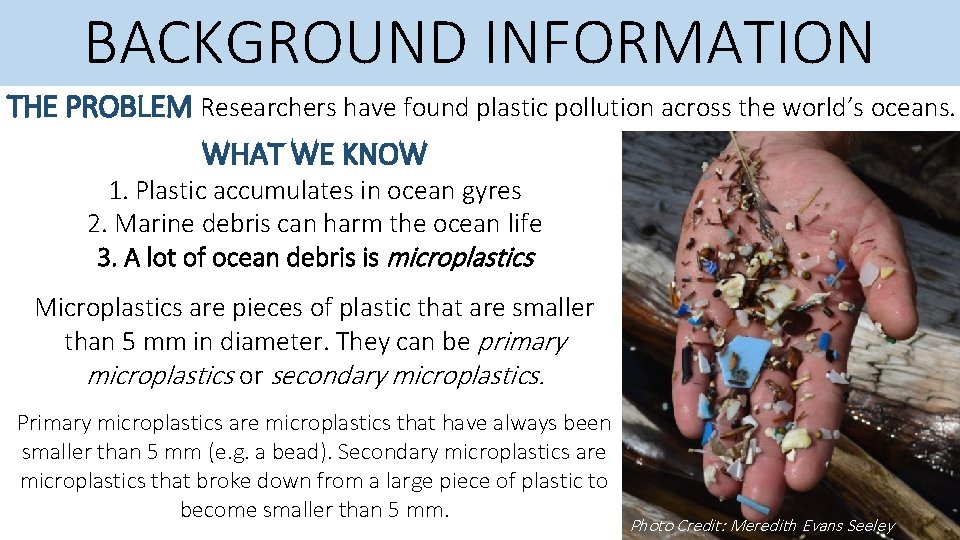 BACKGROUND INFORMATION THE PROBLEM Researchers have found plastic pollution across the world’s oceans. WHAT