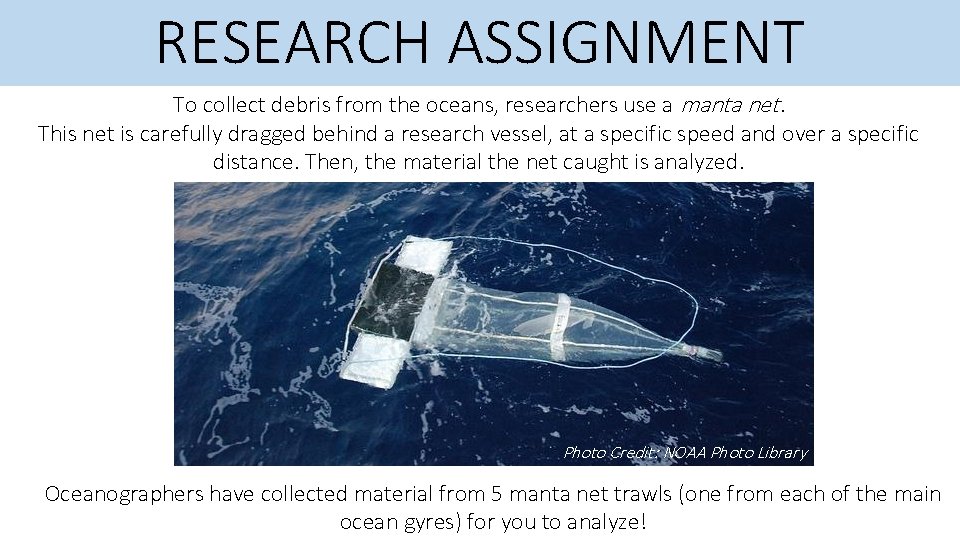 RESEARCH ASSIGNMENT To collect debris from the oceans, researchers use a manta net. This