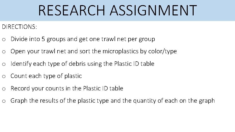 RESEARCH ASSIGNMENT DIRECTIONS: o Divide into 5 groups and get one trawl net per