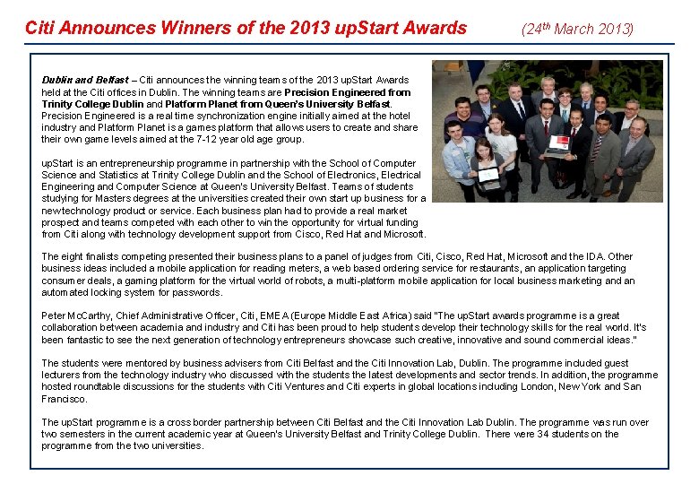 Citi Announces Winners of the 2013 up. Start Awards (24 th March 2013) Dublin