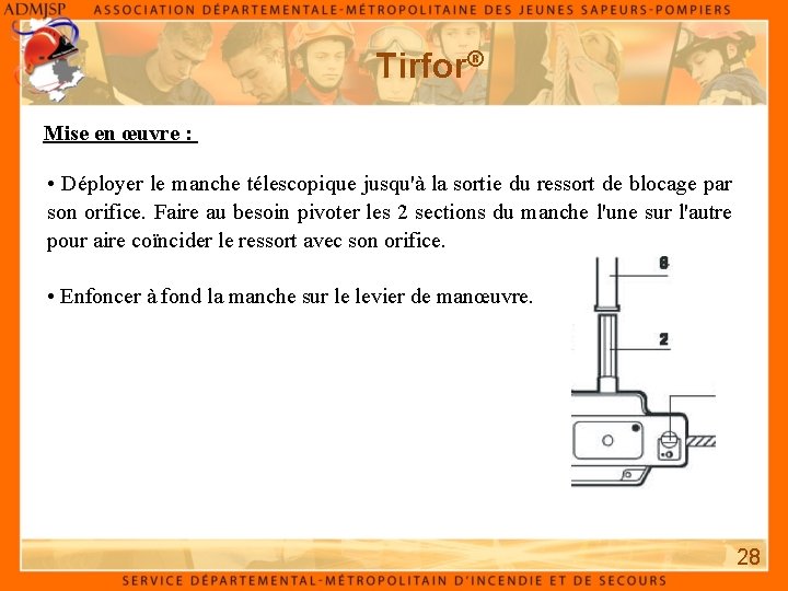 Tirfor® Mise en œuvre : • Déployer le manche télescopique jusqu'à la sortie du