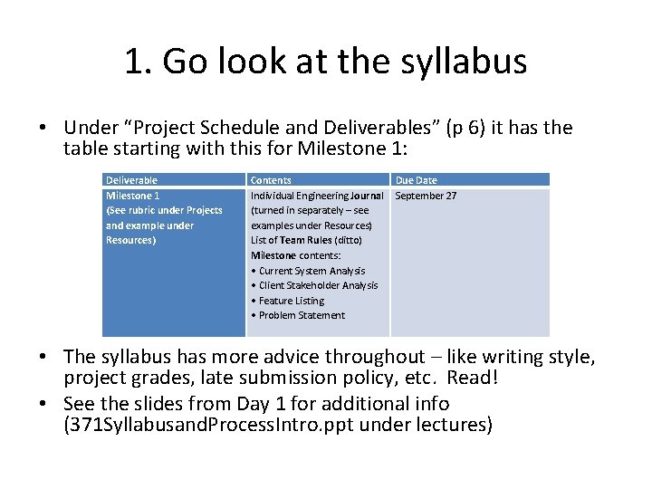 1. Go look at the syllabus • Under “Project Schedule and Deliverables” (p 6)