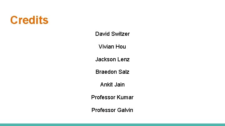 Credits David Switzer Vivian Hou Jackson Lenz Braedon Salz Ankit Jain Professor Kumar Professor