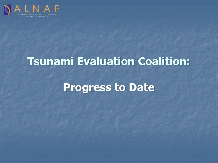 Tsunami Evaluation Coalition: Progress to Date 