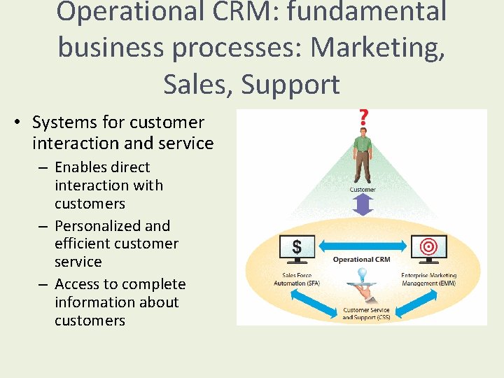 Operational CRM: fundamental business processes: Marketing, Sales, Support • Systems for customer interaction and